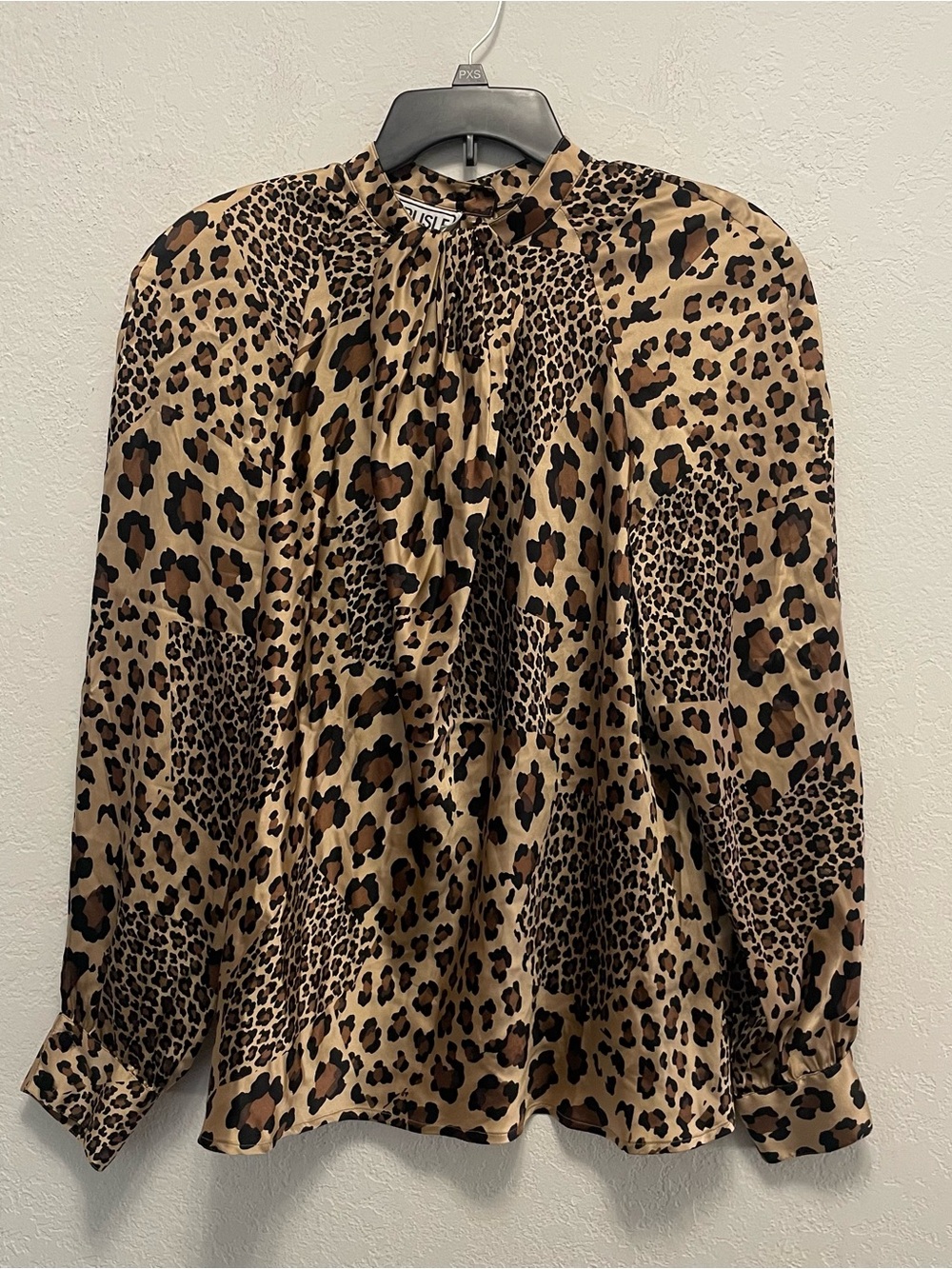 Carlisle Silk long-sleeve leopard-print blouse high gathered neckline 14 Vintage